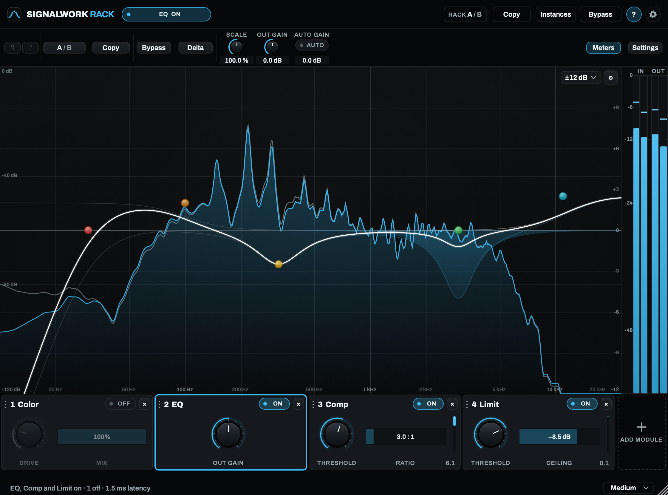 SW Rack with EQ selected and module quick controls underneath